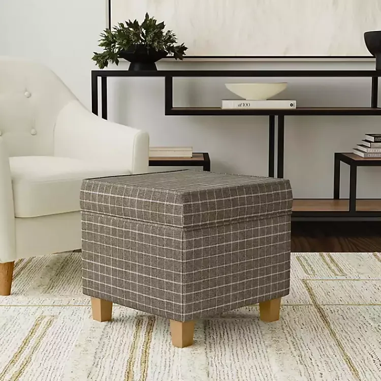 Benches & Ottomans-Kirklands Home Plaid Upholstered Square Storage Ottoman Brown