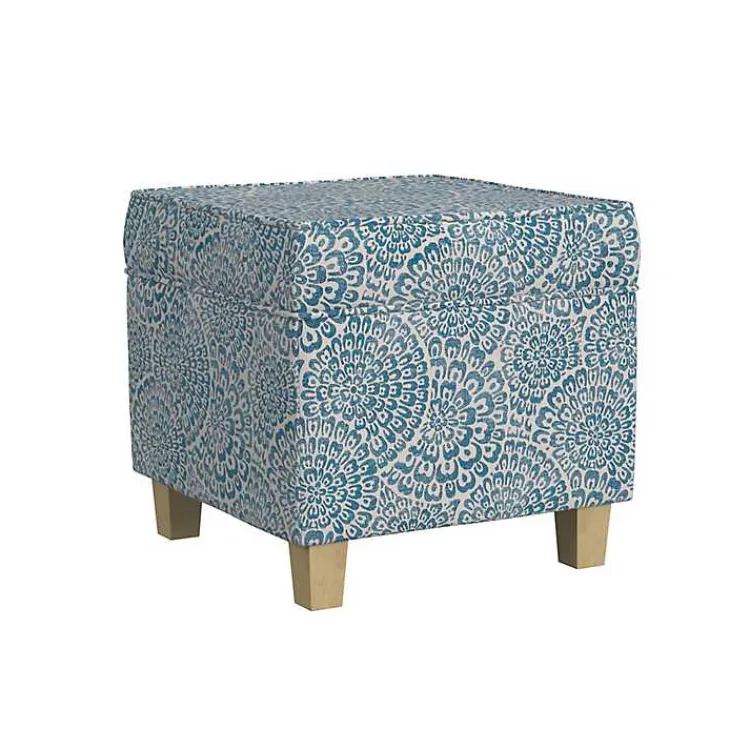Benches & Ottomans-Kirklands Home Floral Upholstered Square Storage Ottoman Blue