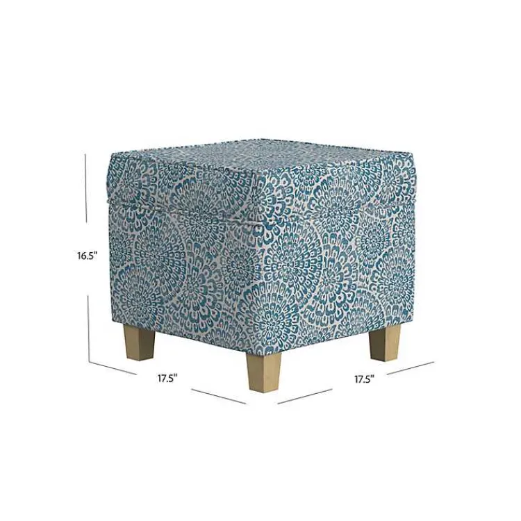 Benches & Ottomans-Kirklands Home Floral Upholstered Square Storage Ottoman Blue
