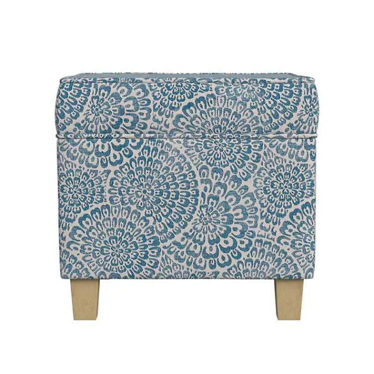 Benches & Ottomans-Kirklands Home Floral Upholstered Square Storage Ottoman Blue