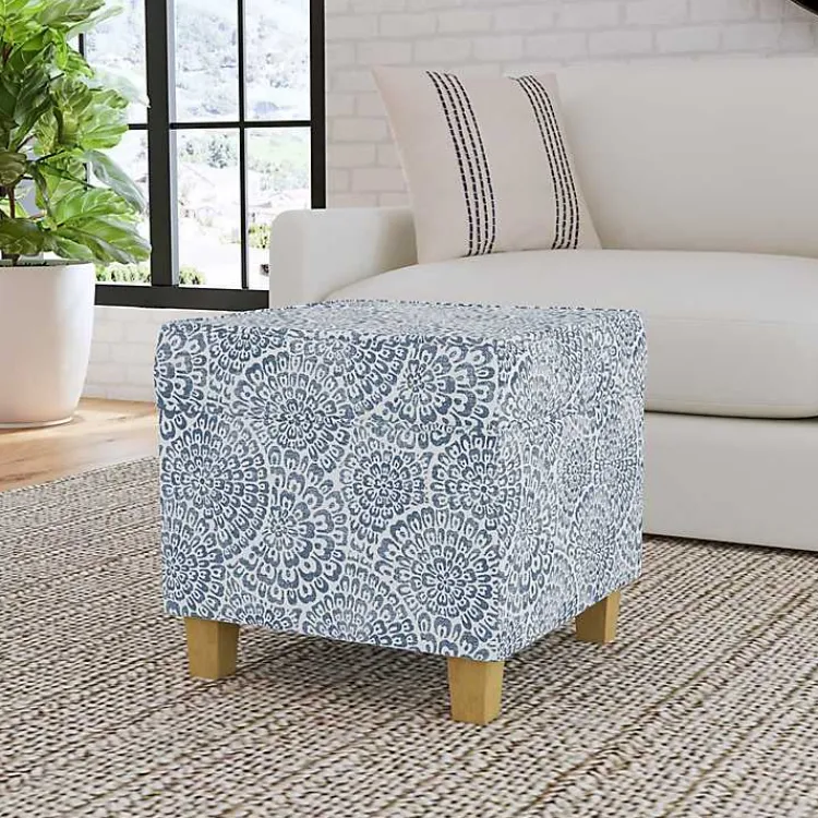 Benches & Ottomans-Kirklands Home Floral Upholstered Square Storage Ottoman Blue