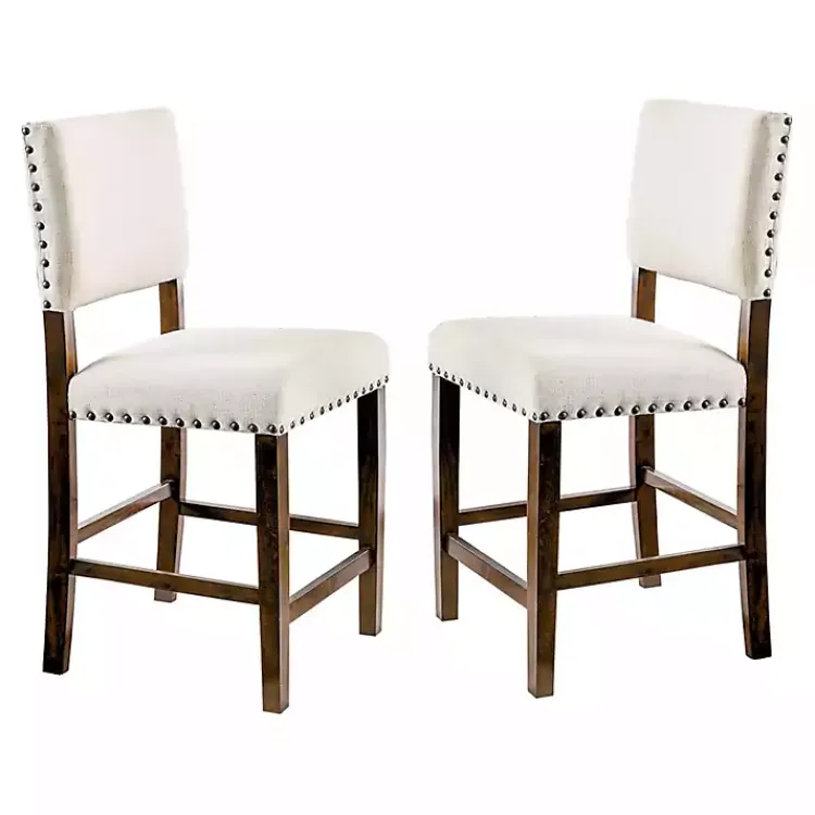 Bar Stools & Counter Height Stools-Kirklands Home Upholstered Cherry Finish Counter Stools, Set of 2 Ivory