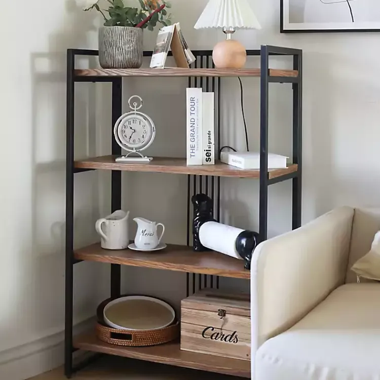 Bookshelves-Kirklands Home 4-Tier Black Metal Frame Shelf Brown