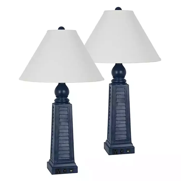 Table Lamps-Kirklands Home Navy Shutter Charging Table Lamps, Set of 2 White