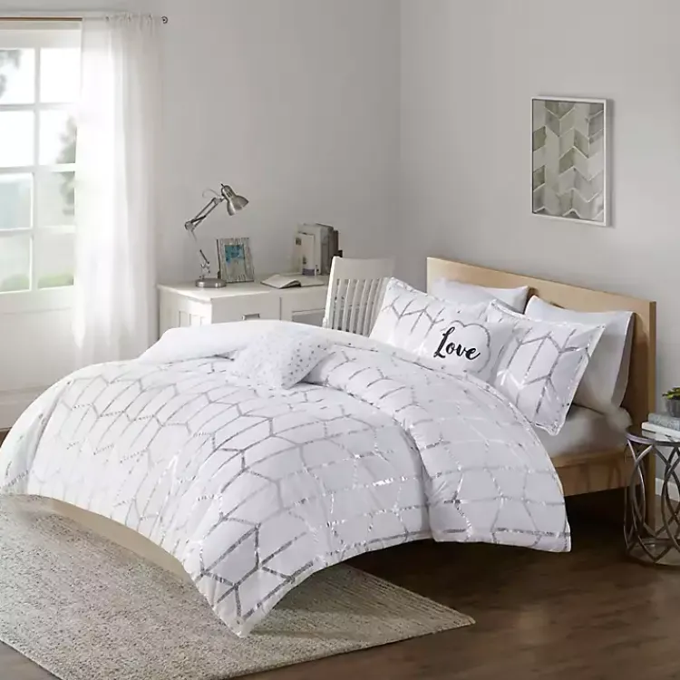 Comforters-Kirklands Home White Metallic 5-pc. Full/Queen Comforter Set