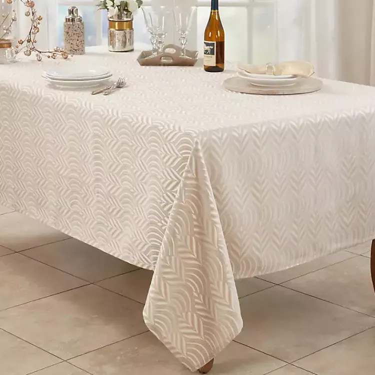 Table Linens-Kirklands Home Beige Jacquard Leaf Tablecloth, 104 in. Brown