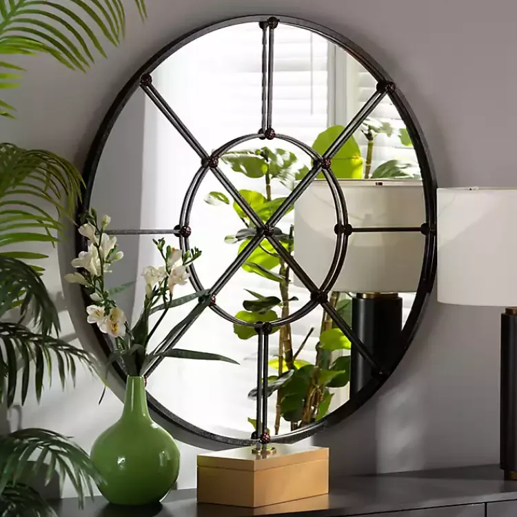 Decorative Mirrors-Kirklands Home Metal Round Geometric Pane Wall Mirror Black