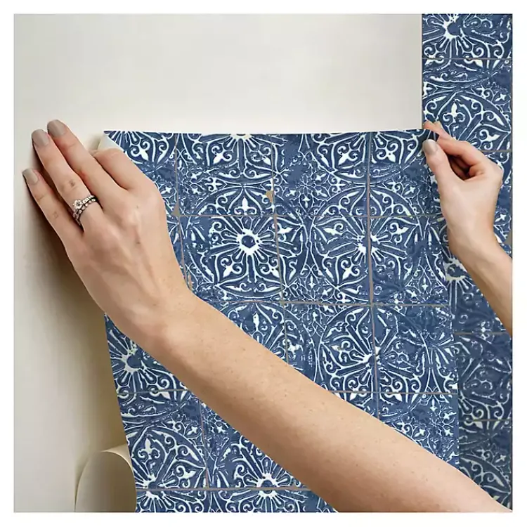 Wall Murals & Wallpaper-Kirklands Home Provincial Tiles Peel & Stick Wallpaper Blue