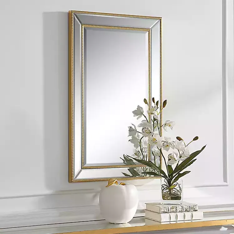 Decorative Mirrors-Kirklands Home Beaded Double Frame Beveled Wall Mirror Gold