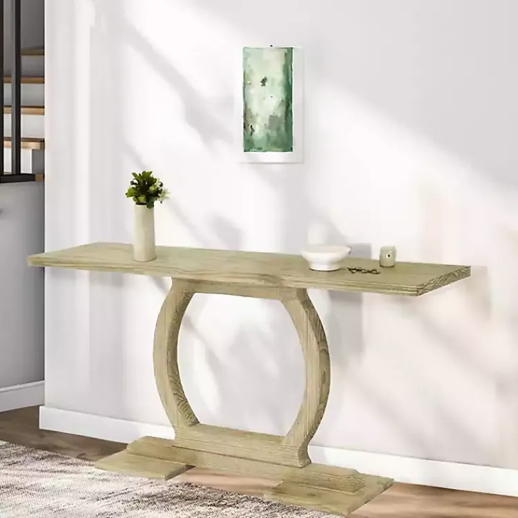Console Tables-Kirklands Home Natural Barnwood Circular Pedestal Console Table Tan