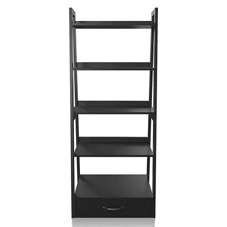 Bookshelves-Kirklands Home Wood 5-Shelf Leaning Bookshelf Black