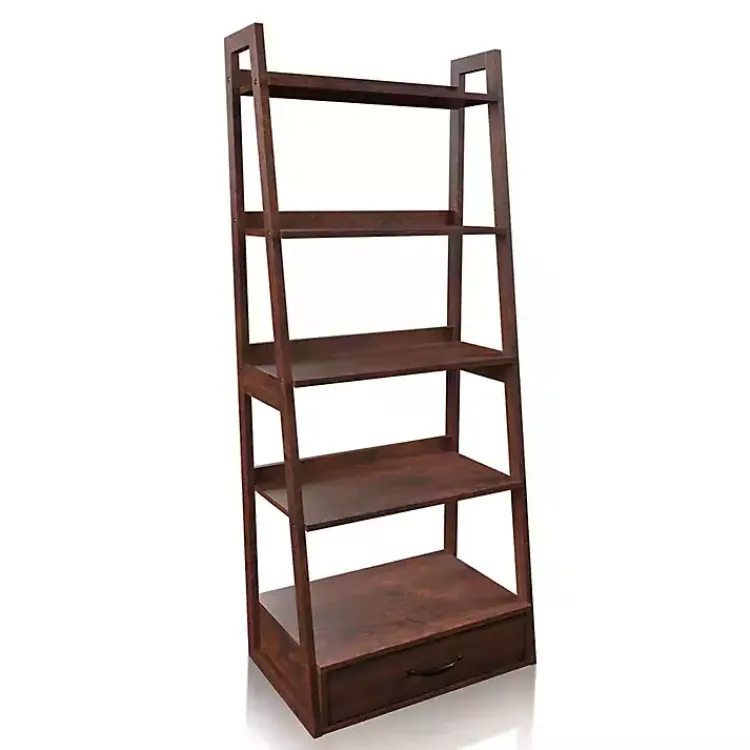 Bookshelves-Kirklands Home Wood 5-Shelf Leaning Bookshelf Brown