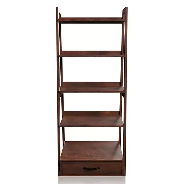 Bookshelves-Kirklands Home Wood 5-Shelf Leaning Bookshelf Brown