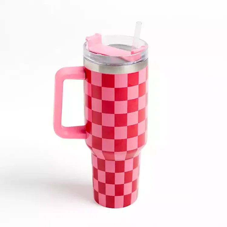 Glassware & Drinkware-Kirklands Home Checkered Otto 40 oz. Insulated Tumbler Pink