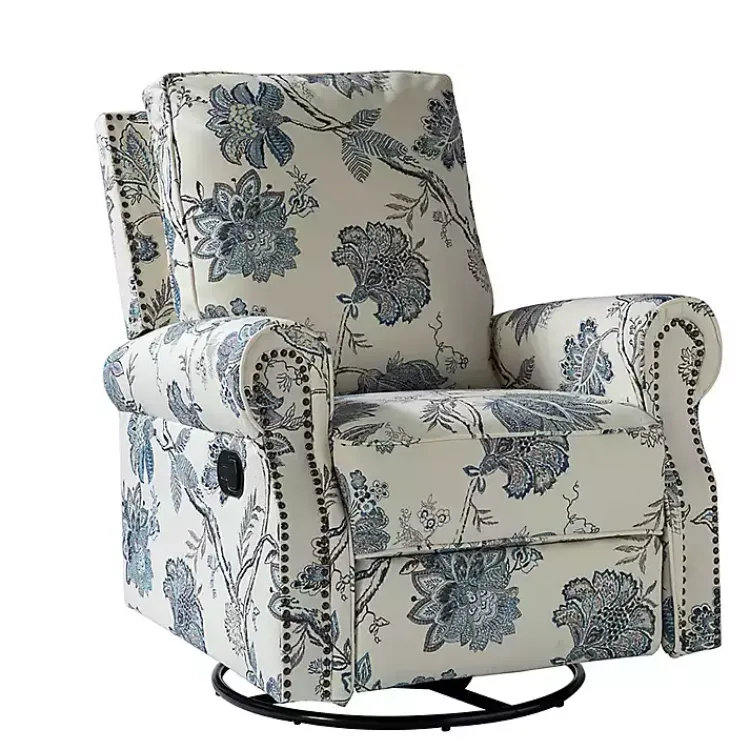 Accent Chairs-Kirklands Home Cream and Blue Vintage Floral Rocking Recliner