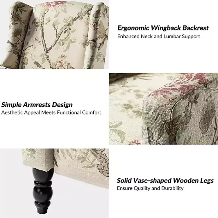 Accent Chairs-Kirklands Home Cream Vintage Floral Reclining Armchair