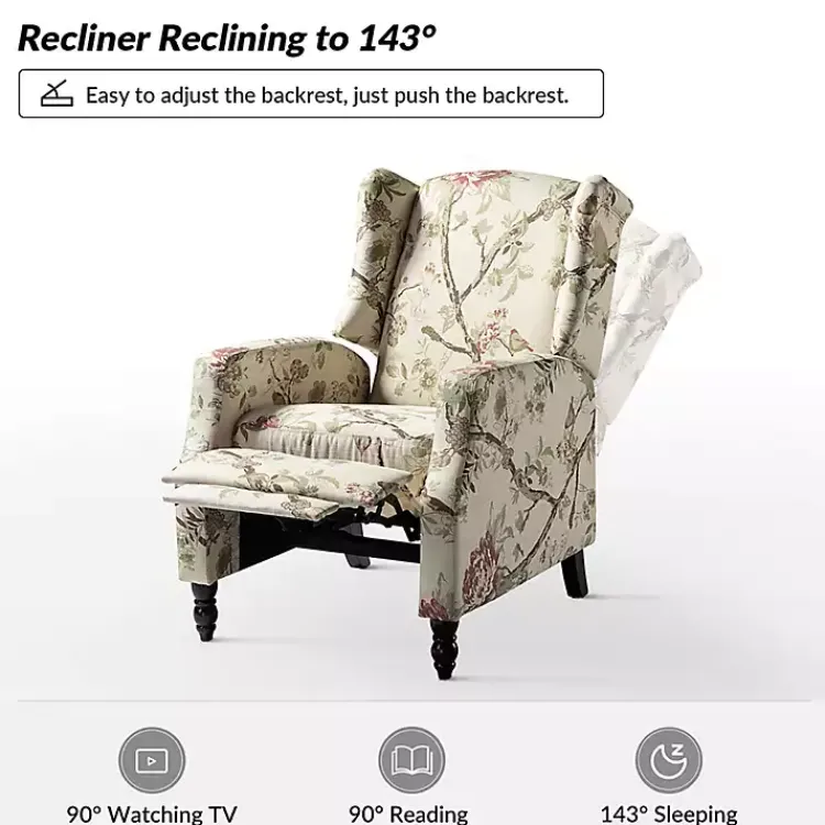 Accent Chairs-Kirklands Home Cream Vintage Floral Reclining Armchair