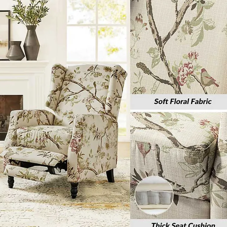 Accent Chairs-Kirklands Home Cream Vintage Floral Reclining Armchair