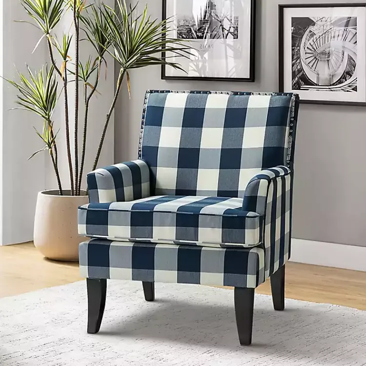 Accent Chairs-Kirklands Home Navy Buffalo Check Upholstered Armchair Blue
