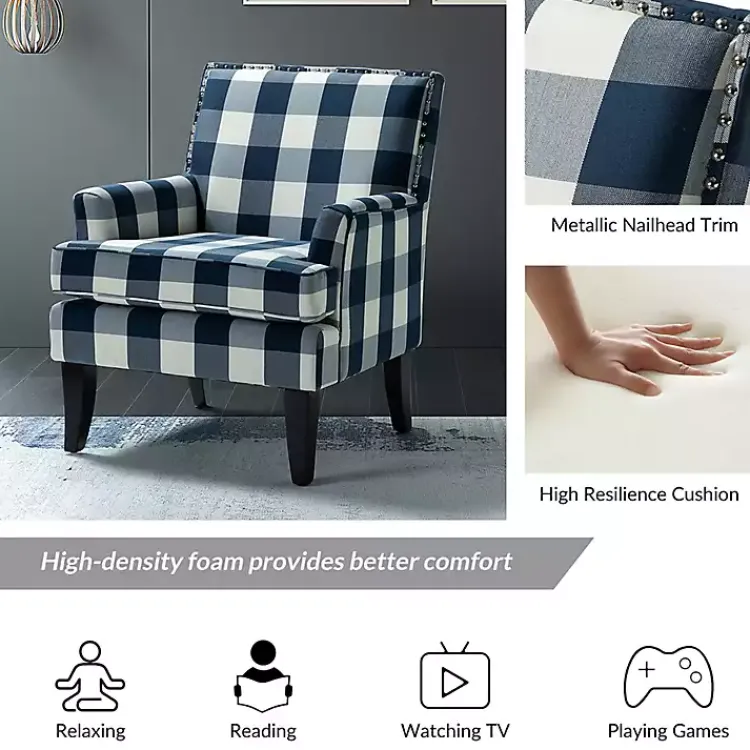 Accent Chairs-Kirklands Home Navy Buffalo Check Upholstered Armchair Blue
