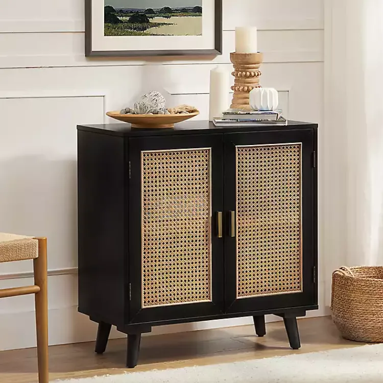 Cabinets & Sideboards-Kirklands Home Wood and Rattan Carpinteria Cabinet Black