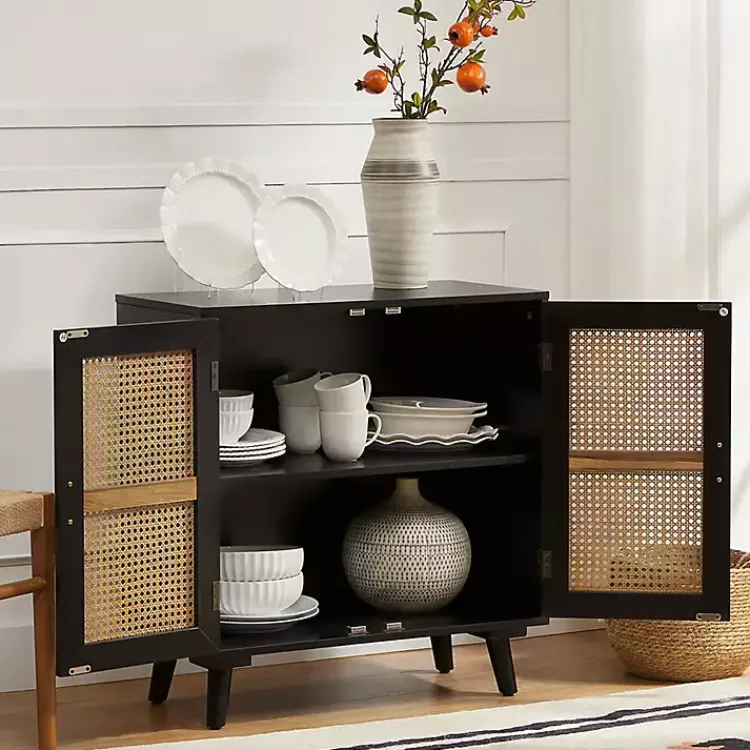 Cabinets & Sideboards-Kirklands Home Wood and Rattan Carpinteria Cabinet Black