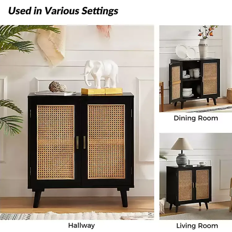Cabinets & Sideboards-Kirklands Home Wood and Rattan Carpinteria Cabinet Black