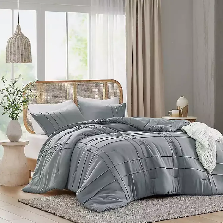 Comforters-Kirklands Home Gray Pleated Grid 3-pc. King Comforter Set Blue
