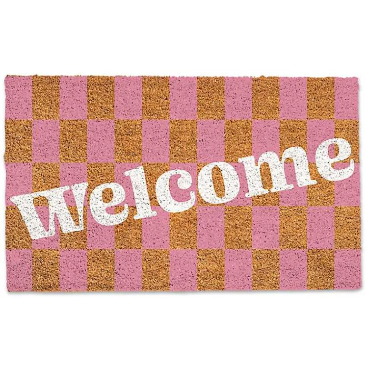 Doormats-Kirklands Home Pink Checkered Welcome Coir Doormat