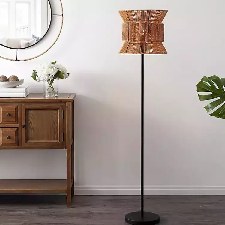 Floor Lamps-Kirklands Home Black Floor Lamp with Natural Woven Shade Brown