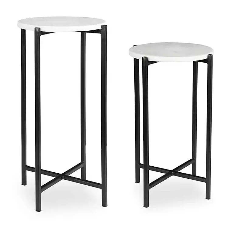 Accent & End Tables-Kirklands Home Round White Marble Accent Tables, Set of 2 Black
