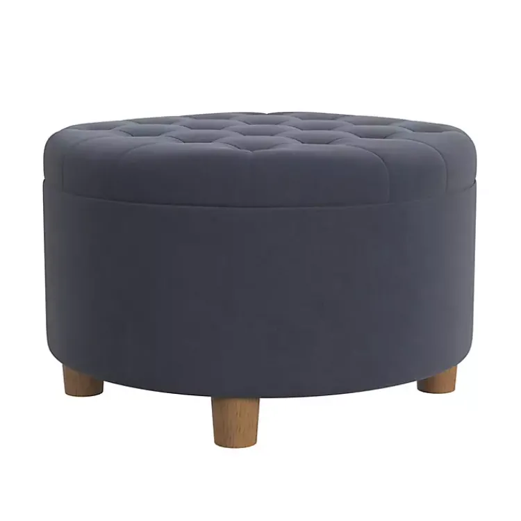Benches & Ottomans-Kirklands Home Round Velvet Tufted Storage Ottoman Blue