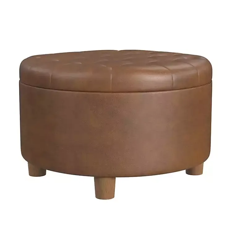 Benches & Ottomans-Kirklands Home Round Faux Leather Tufted Storage Ottoman Brown