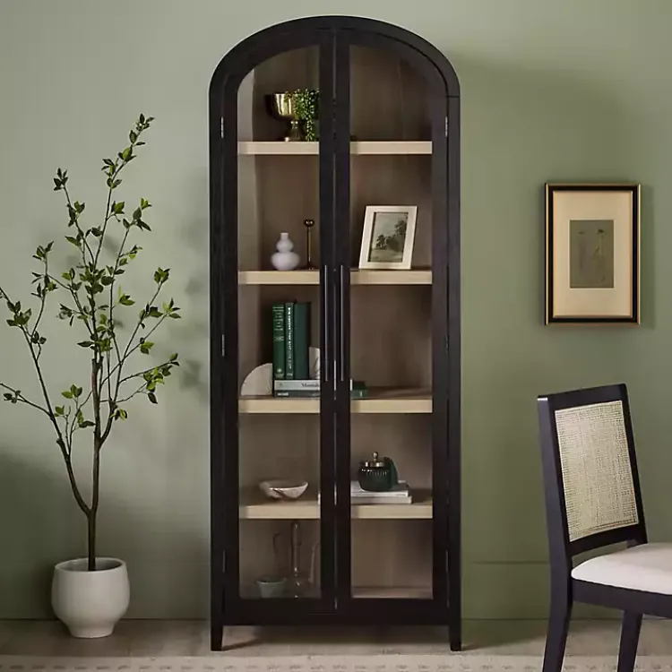 Bookshelves-Kirklands Home Arched Glass Doors Chantelle Bookcase Black