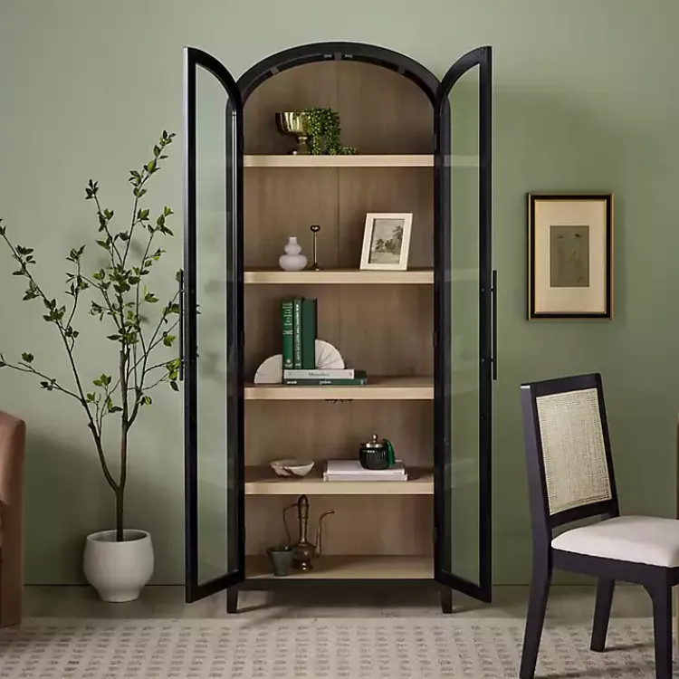 Bookshelves-Kirklands Home Arched Glass Doors Chantelle Bookcase Black