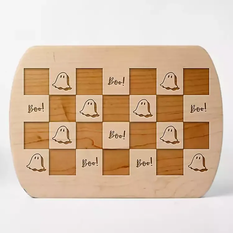 Serving & Entertaining-Kirklands Home Checkered Ghost Maple Halloween Cutting Board Tan