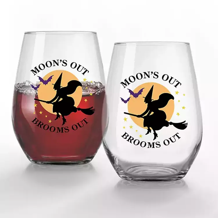 Glassware & Drinkware-Kirklands Home Moon's Out Brooms Out Halloween Glasses, Set of 2