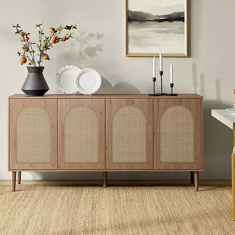 Cabinets & Sideboards-Kirklands Home Oak and Natural Rattan 4-Door Sideboard Brown
