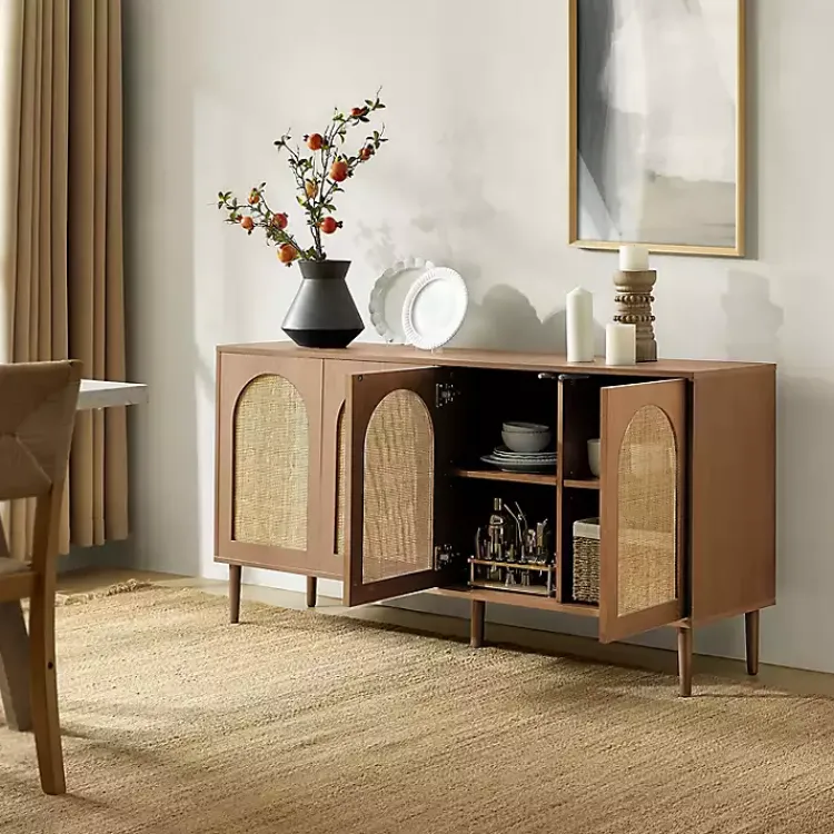 Cabinets & Sideboards-Kirklands Home Oak and Natural Rattan 4-Door Sideboard Brown