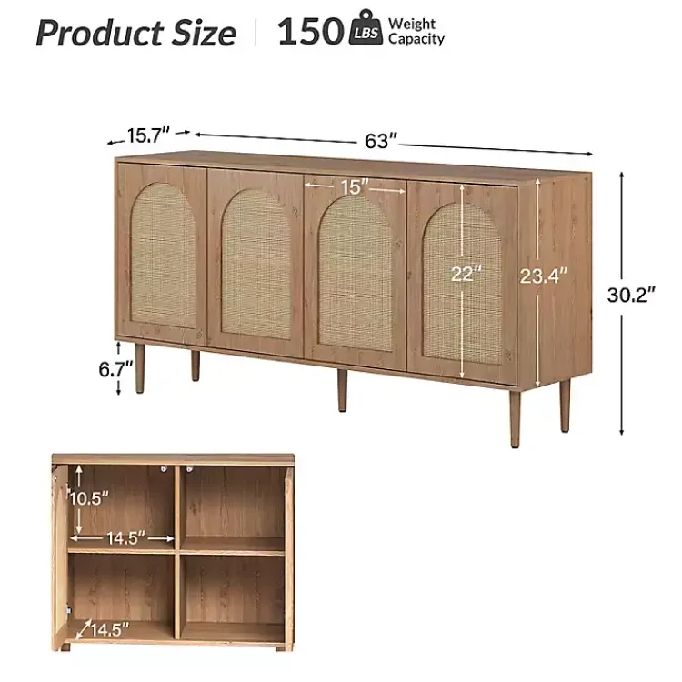 Cabinets & Sideboards-Kirklands Home Oak and Natural Rattan 4-Door Sideboard Brown