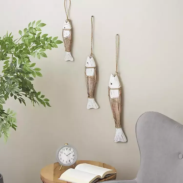 Wall Plaques-Kirklands Home White Wood Fish Hanging Wall Plaques, Set of 3