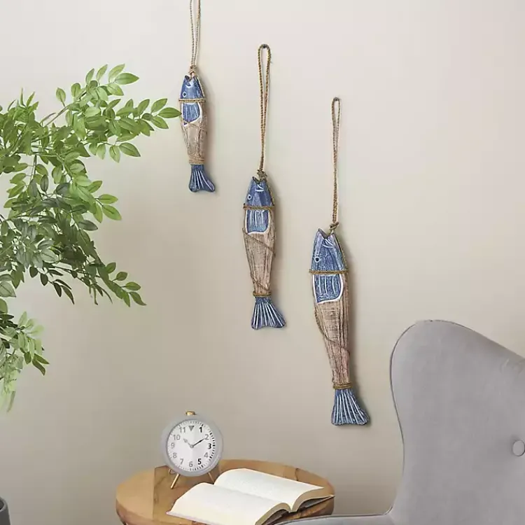 Wall Plaques-Kirklands Home Blue Wood Fish Hanging Wall Plaques, Set of 3