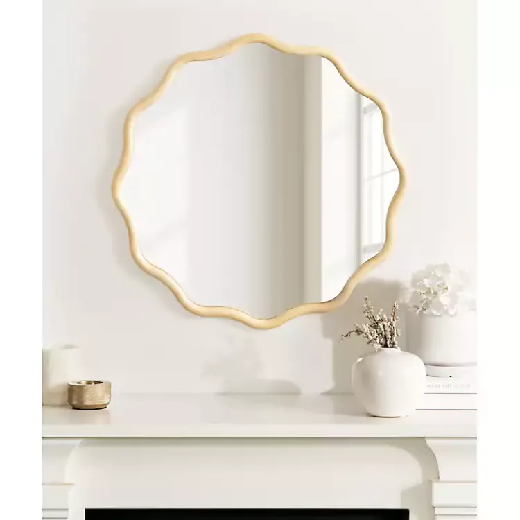 Decorative Mirrors-Kirklands Home Natural Wavy Scallop Round Wall Mirror Tan