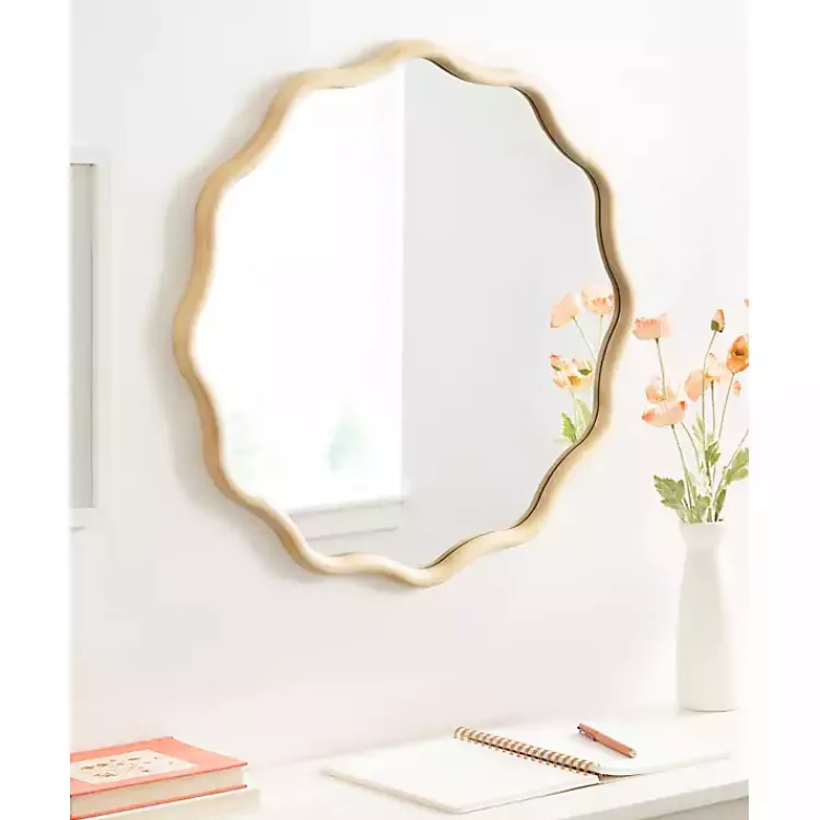 Decorative Mirrors-Kirklands Home Natural Wavy Scallop Round Wall Mirror Tan