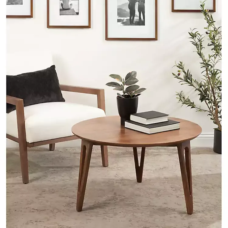 Coffee Tables-Kirklands Home Walnut Mango Wood Round Kershaw Coffee Table Brown