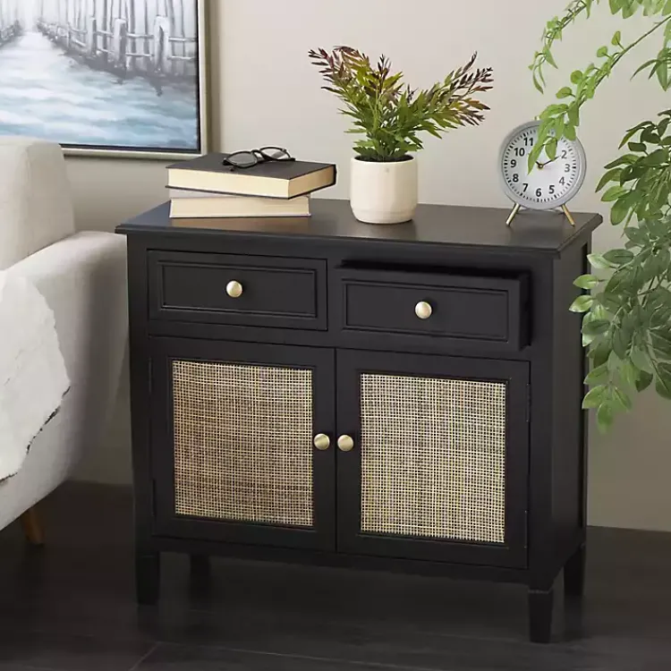 Cabinets & Sideboards-Kirklands Home Wood & Natural Rattan 2-Door Cabinet Black