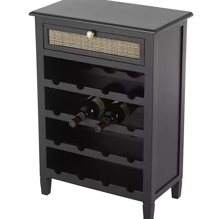 Cabinets & Sideboards-Kirklands Home Wood & Natural Rattan Wine Bottle Cabinet Black