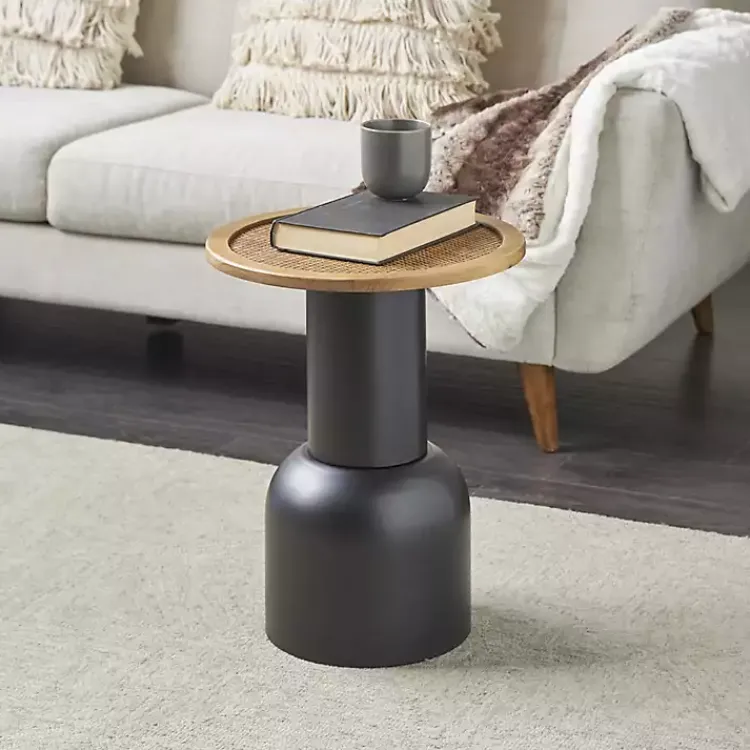 Accent & End Tables-Kirklands Home Black Metal Rattan Pedestal Accent Table, 16 in. Brown