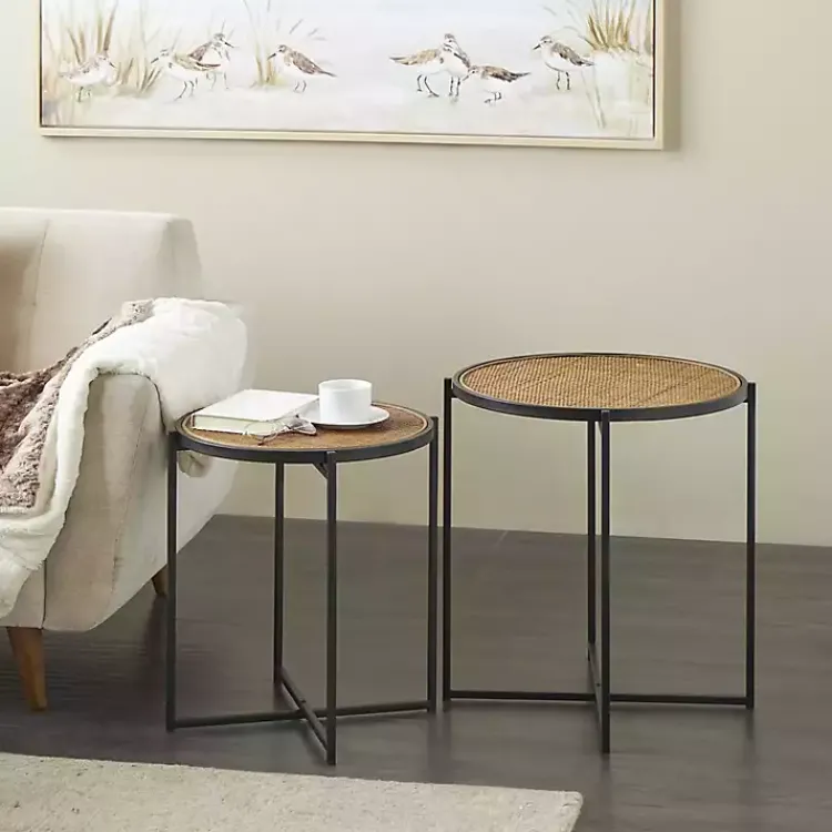 Accent & End Tables-Kirklands Home Black Metal Rattan Accent Tables, Set of 2 Brown