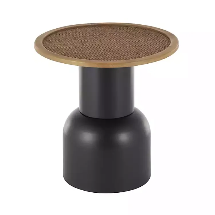 Accent & End Tables-Kirklands Home Black Metal Rattan Pedestal Accent Table, 19 in. Brown